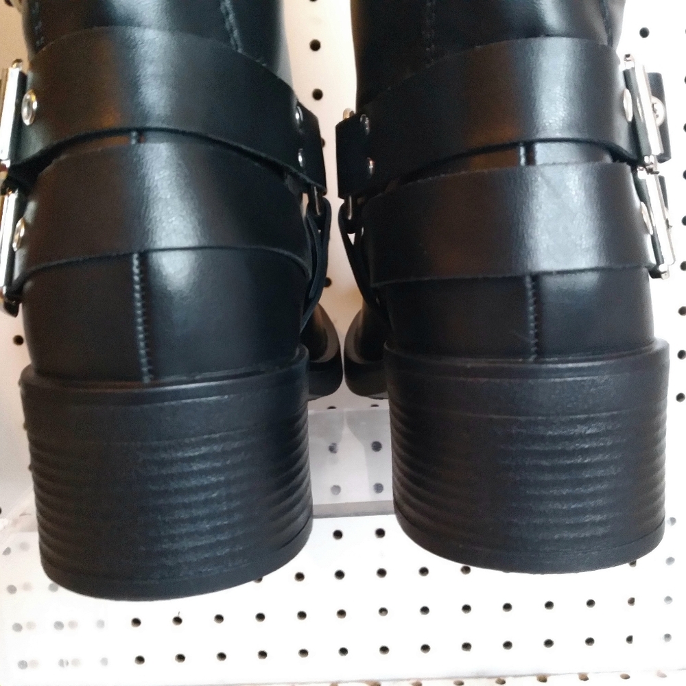 Women's 12.5" Knee High Moto Boots Buckle Strap Gothic Low Chunky Platform Black - Picture 9 of 10